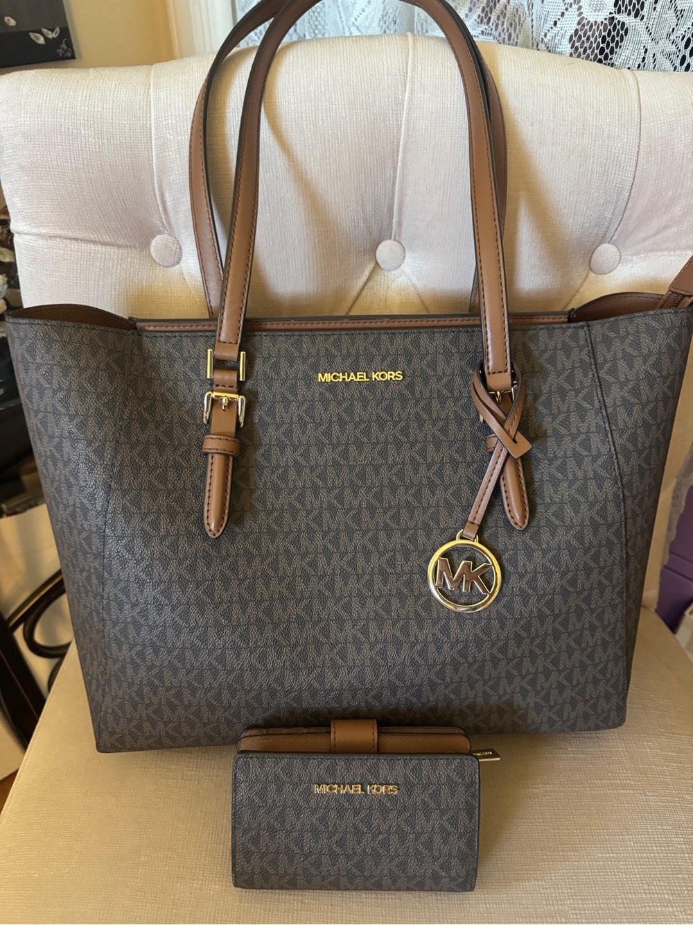 Michael Kors Brown & Tan Signature MK Tote with Matching Wallet
